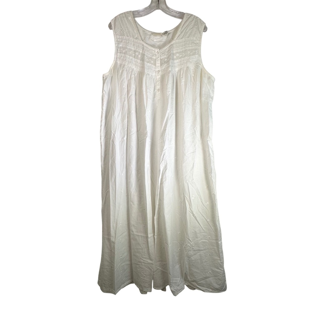 Cherokee White Cotton Embroidered Pintuck Sleeveless Nightgown Plus Size XXXL